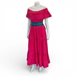 Vintage Fuchsia Pink 1970s Cotton Maxi Dress – Off-Shoulder Pintuck & Lace * M